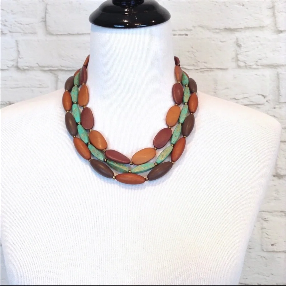 Three strand faux wooden large bead choker necklace